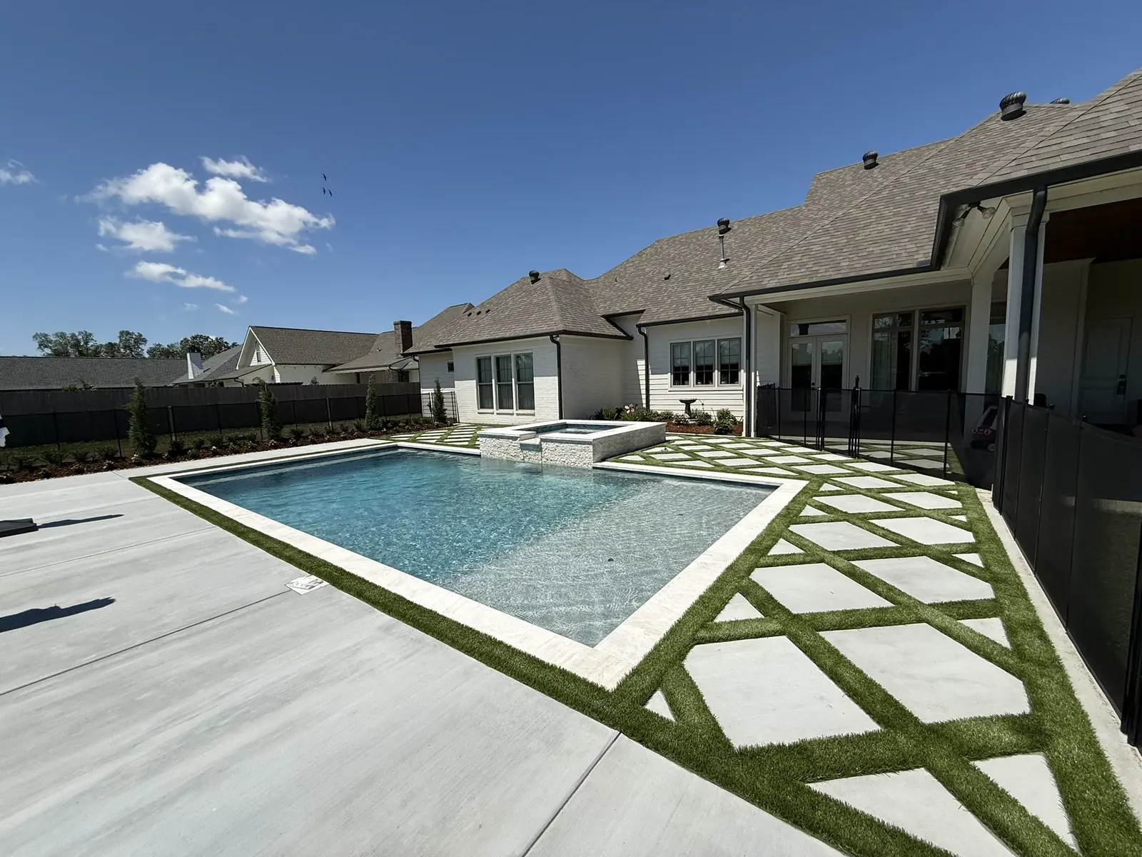 Fenced backyard with artificial turf, a paver border, and a raised planting bed